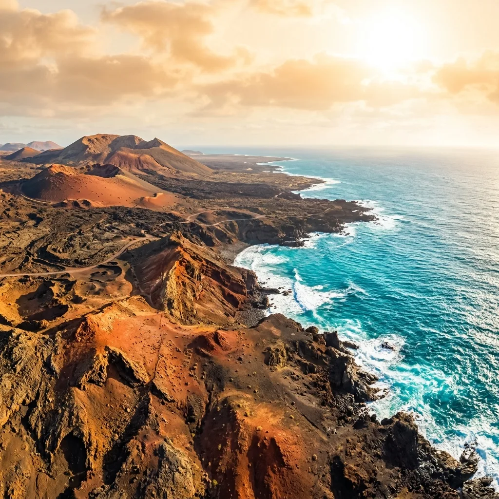 Paisaje volcánico de Lanzarote y Océano Atlántico
